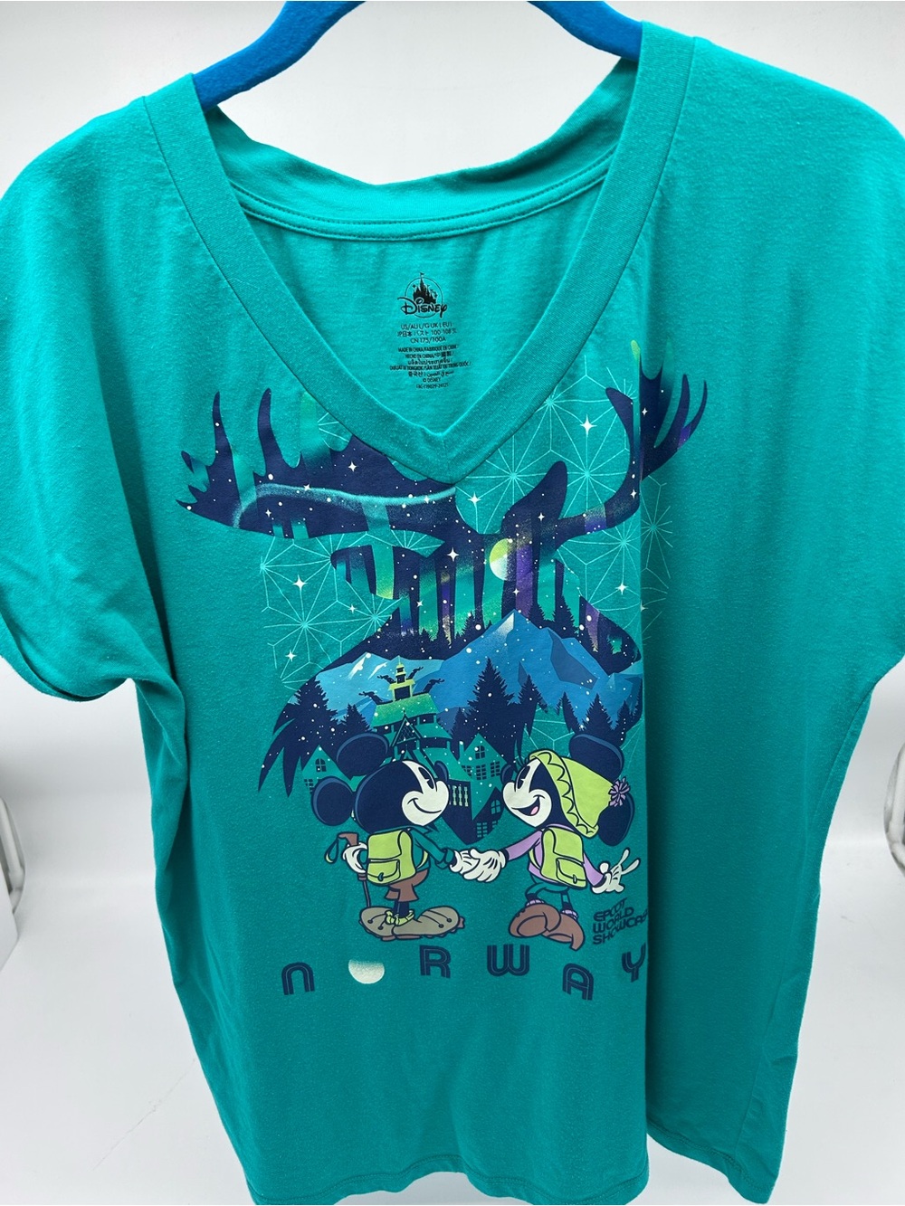 Disney Mickey and Minnie Norway Graphic V-Neck Tee From Epcot - Teal Medium